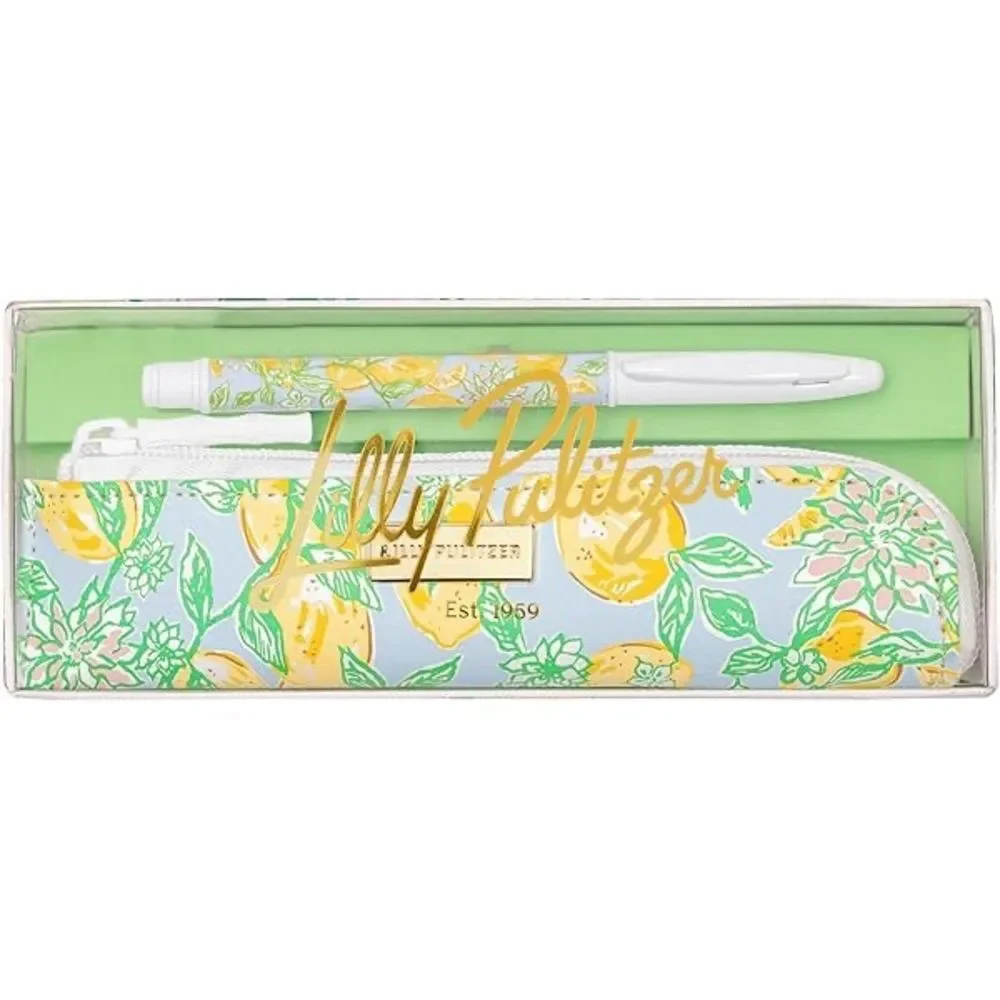NWT Lilly Pulitzer Lemon Pattern Pen and Vegan Leather Pen Pouch Make Lemonade